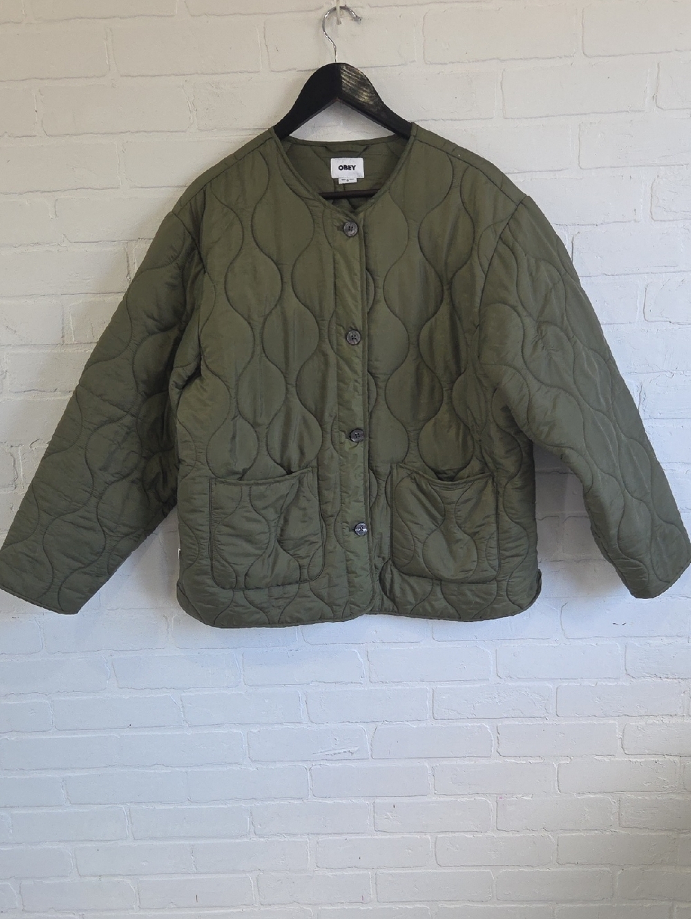 Obey Olive Green Quilted Button-Front Puffer Jacket